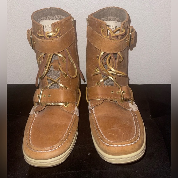 🥾 Sperry Tan + Gold Top Sider Boots, 7.5 W 🥾 - Picture 2 of 6